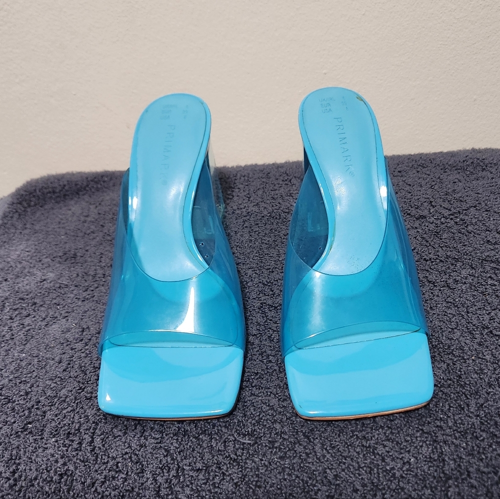 Primark Perspex Aqua Blue Transparent Block Heel Mules Size 8